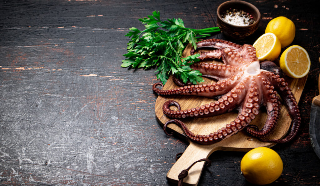 octopus on a wooden cutting board with sliced lemons 