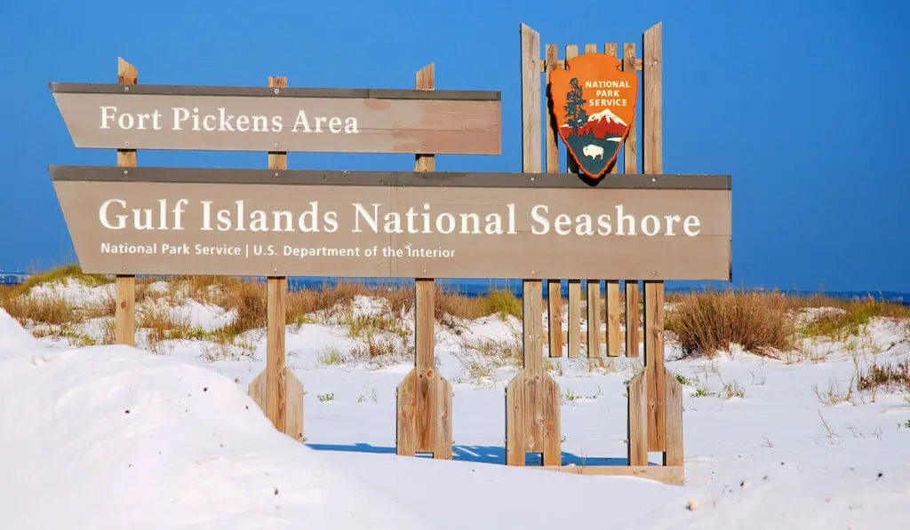 A sign welcomes visitors to the Gulf Islands National Seashore near Pensacola, Florida 